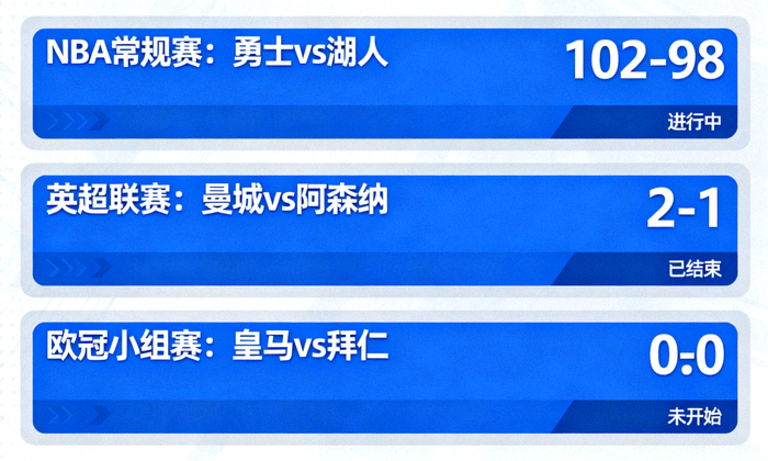 体育直播比分数据看板界面，展示多场比赛的实时比分与比赛状态