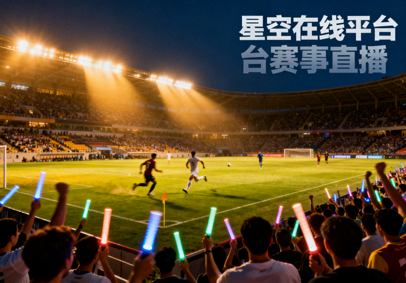夜晚灯光下的足球比赛现场，看台座无虚席，星空在线平台赛事直播画面