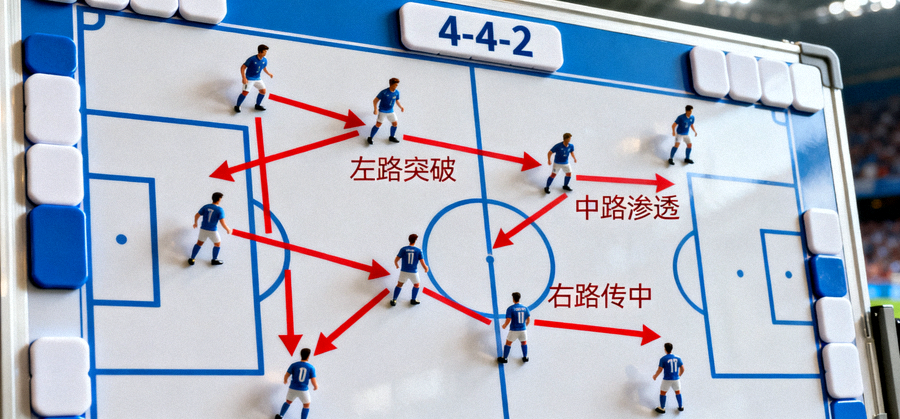 足球战术板上标注阵型与跑动路线，用于赛前战术分析